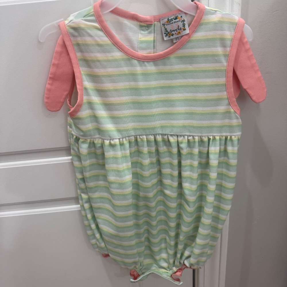 B67 Striped Pastel Bubble One-Piece for Kids - Pink Trim